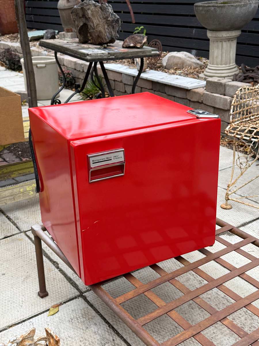 vintage RED Montgomery Ward mini fridge 