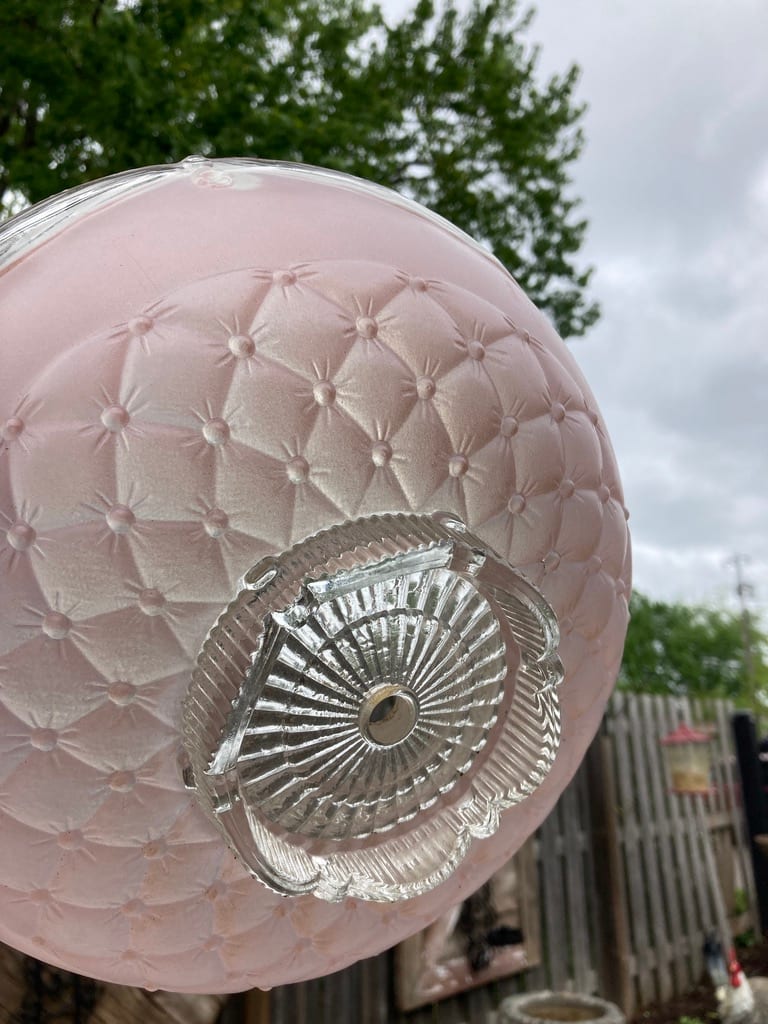 1940's ceiling fixture ~  frosted pink quilted pattern 