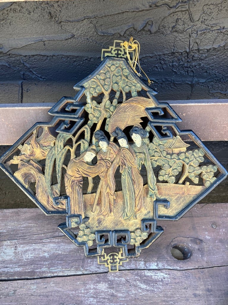 Hand carved Japanese wood figural panel 