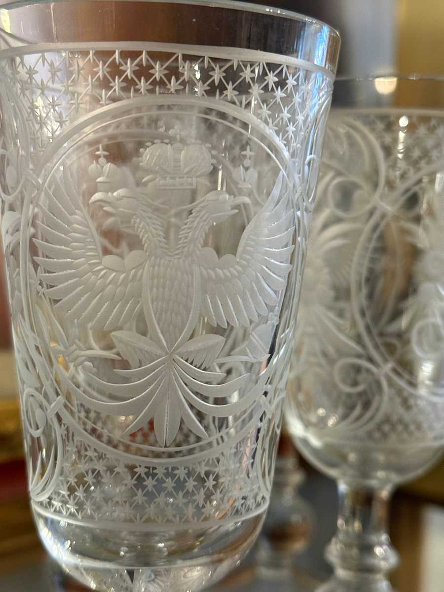Set of 8 heavily etched Russian wine glasses 