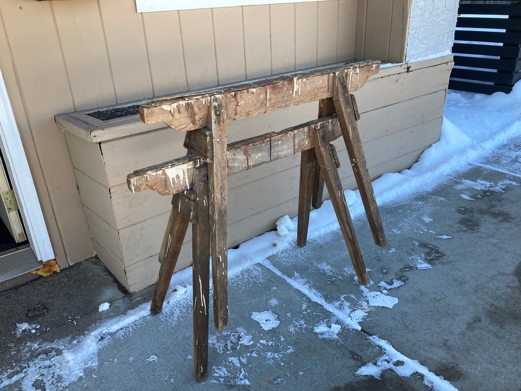 Primitive adjustable fold out work table with saw horses 