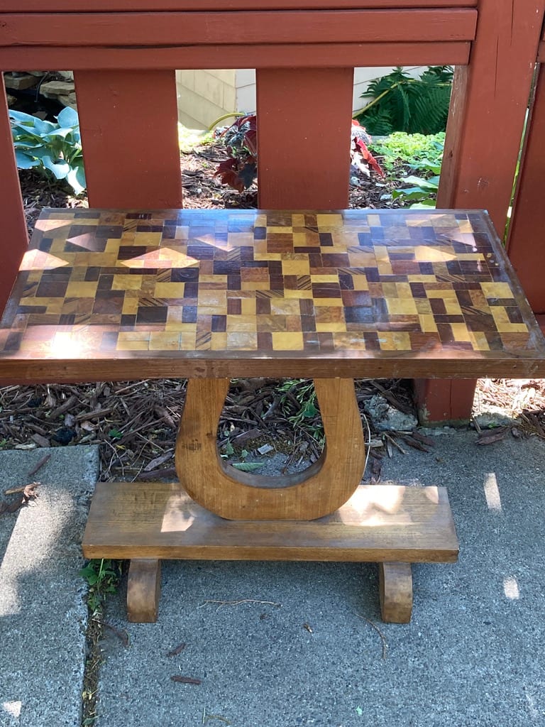 Vintage hand made inlaid tramp art table 