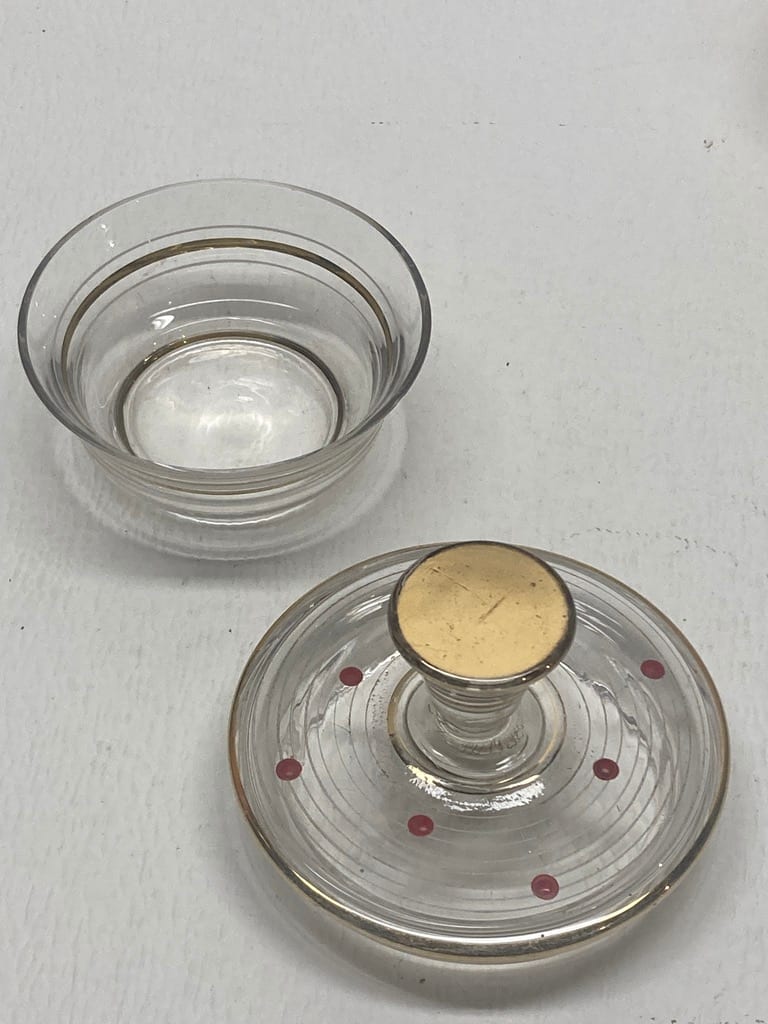 Art Deco hand painted gold with red dots perfume powder dish 