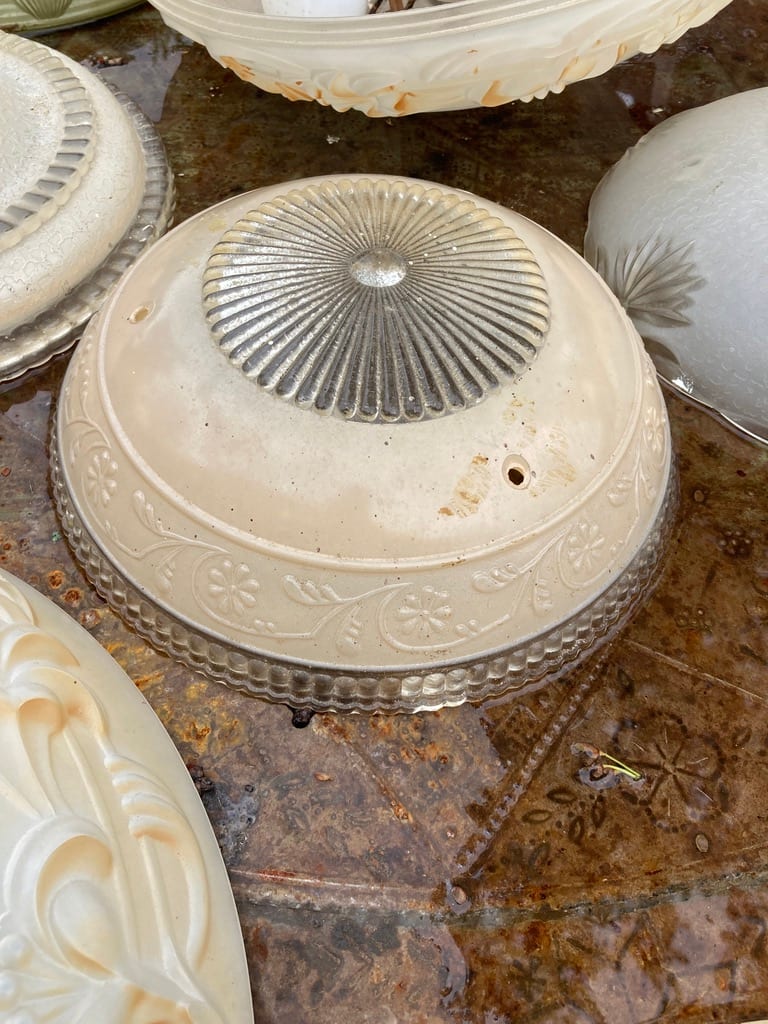 1940's ceiling fixture ~ frosted cream  and clear floral dome pattern 