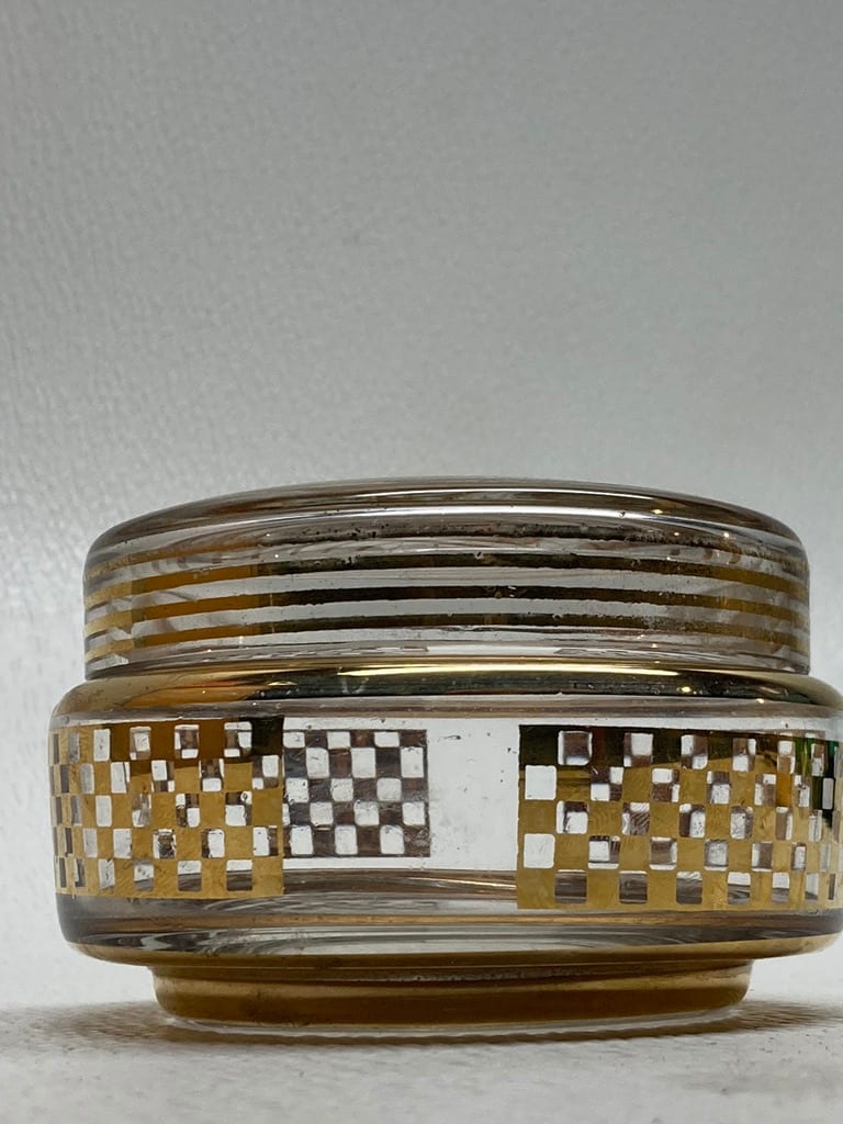 Art Deco gold painted checker board patten covered powder dish 