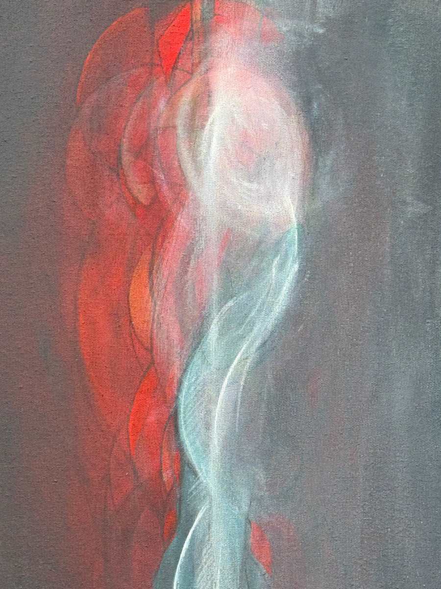 Abstract painting with red and white on grey 