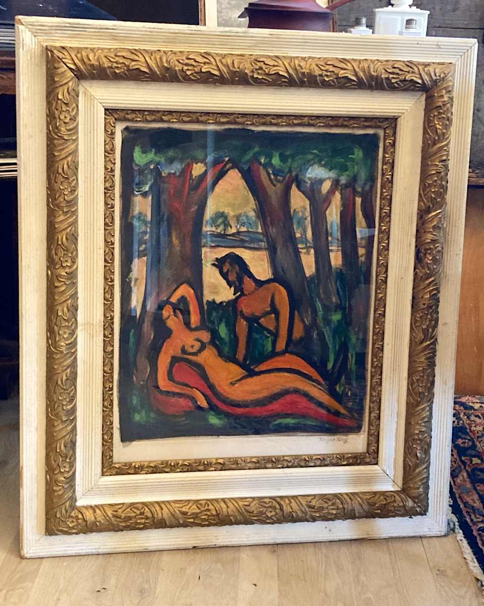 framed figural nude with pan painting on paper 