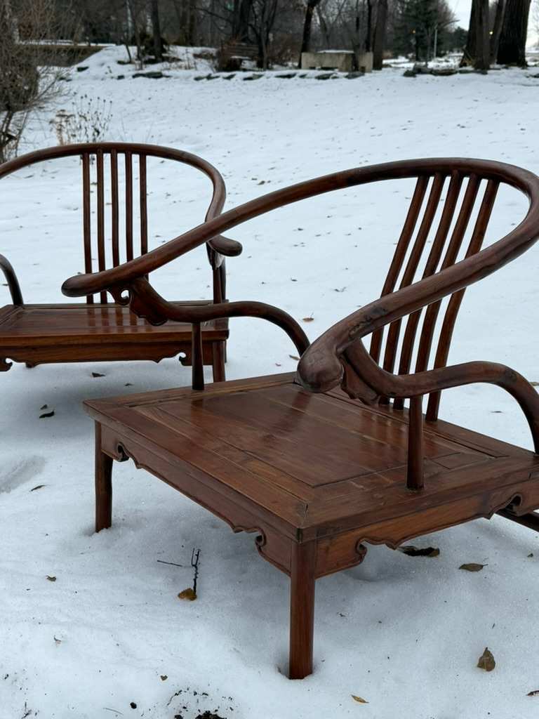 Pair of 19th century Chinese hardwood horseshoe low chairs 