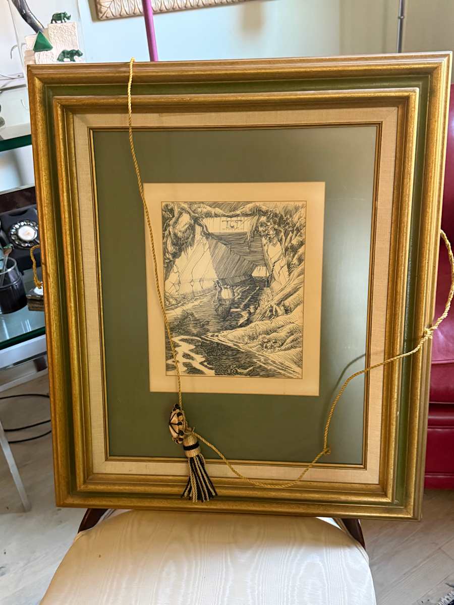 Framed etching of a tunnel and stream, Image 1.
