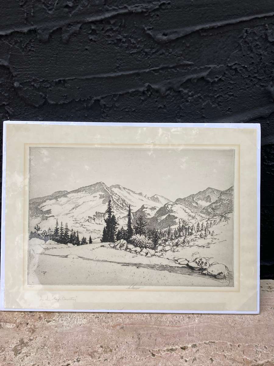 SHRINKWRAPPED 1928 etching of Rocky Mountains 