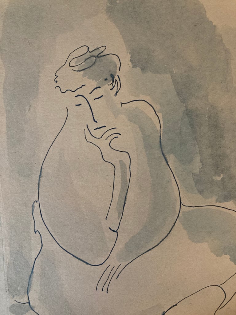 Original framed watercolor line drawing of woman 