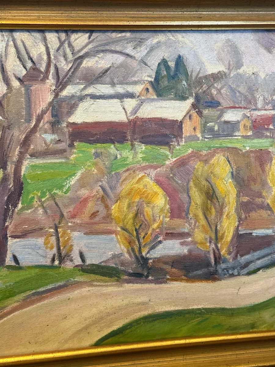 Framed barn painting with stop sign, Image 1.