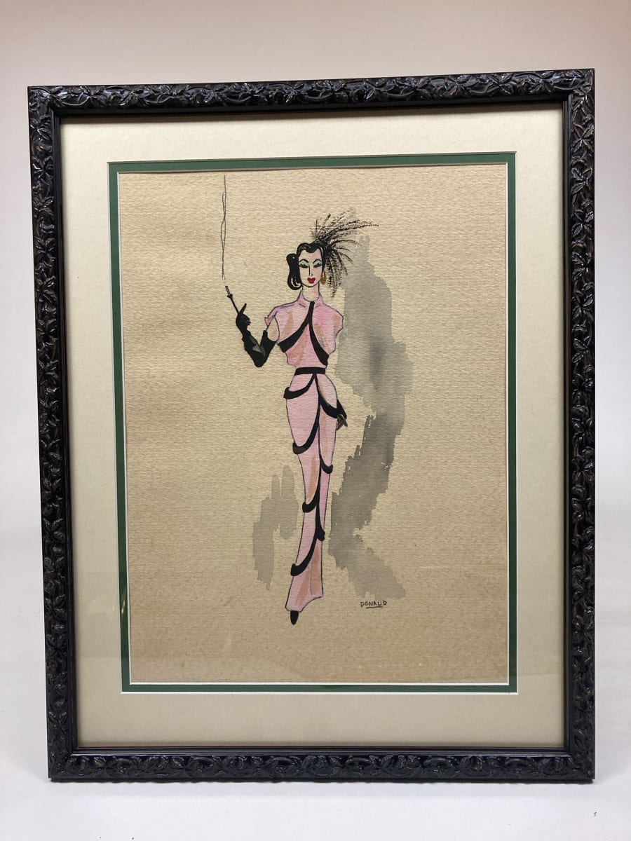 1940's original framed fashion watercolor with long Pink gown 