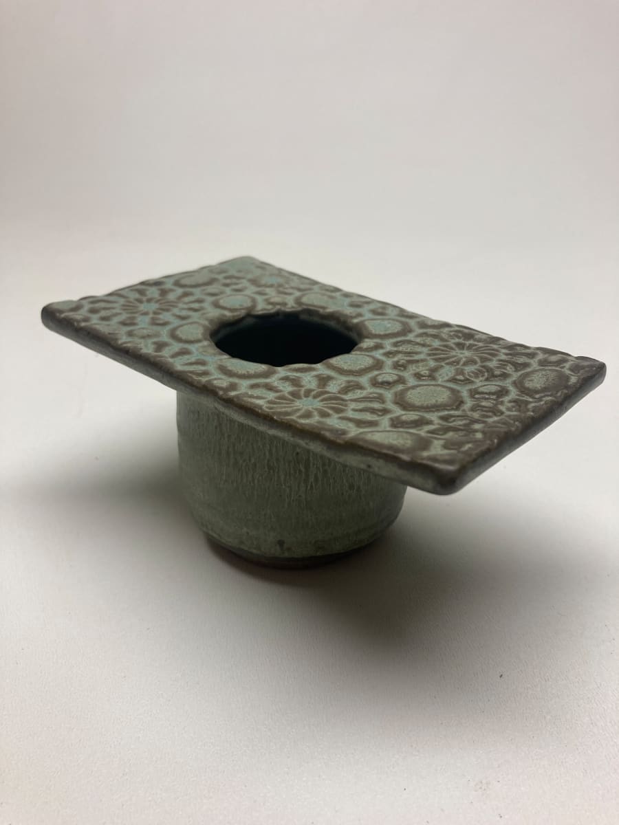 hand made art pottery vase with flower frog, Image 2.