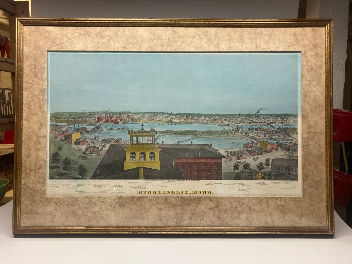 Framed hand colored engraving of Minneapolis 
