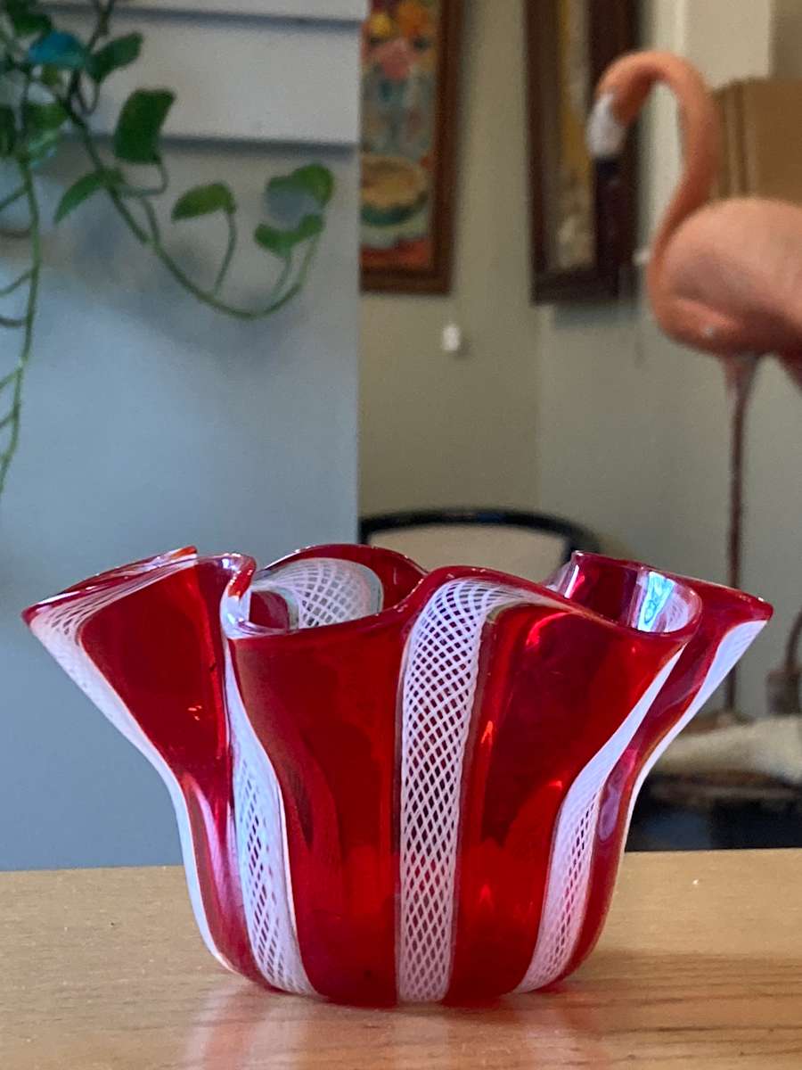red and white Murano latticino handkerchief vase 