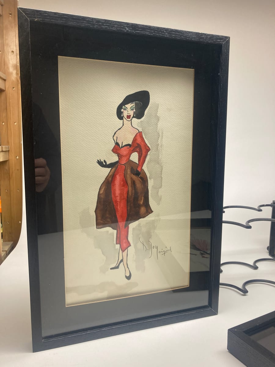 Framed original 1940's fashion watercolor with long red gown 