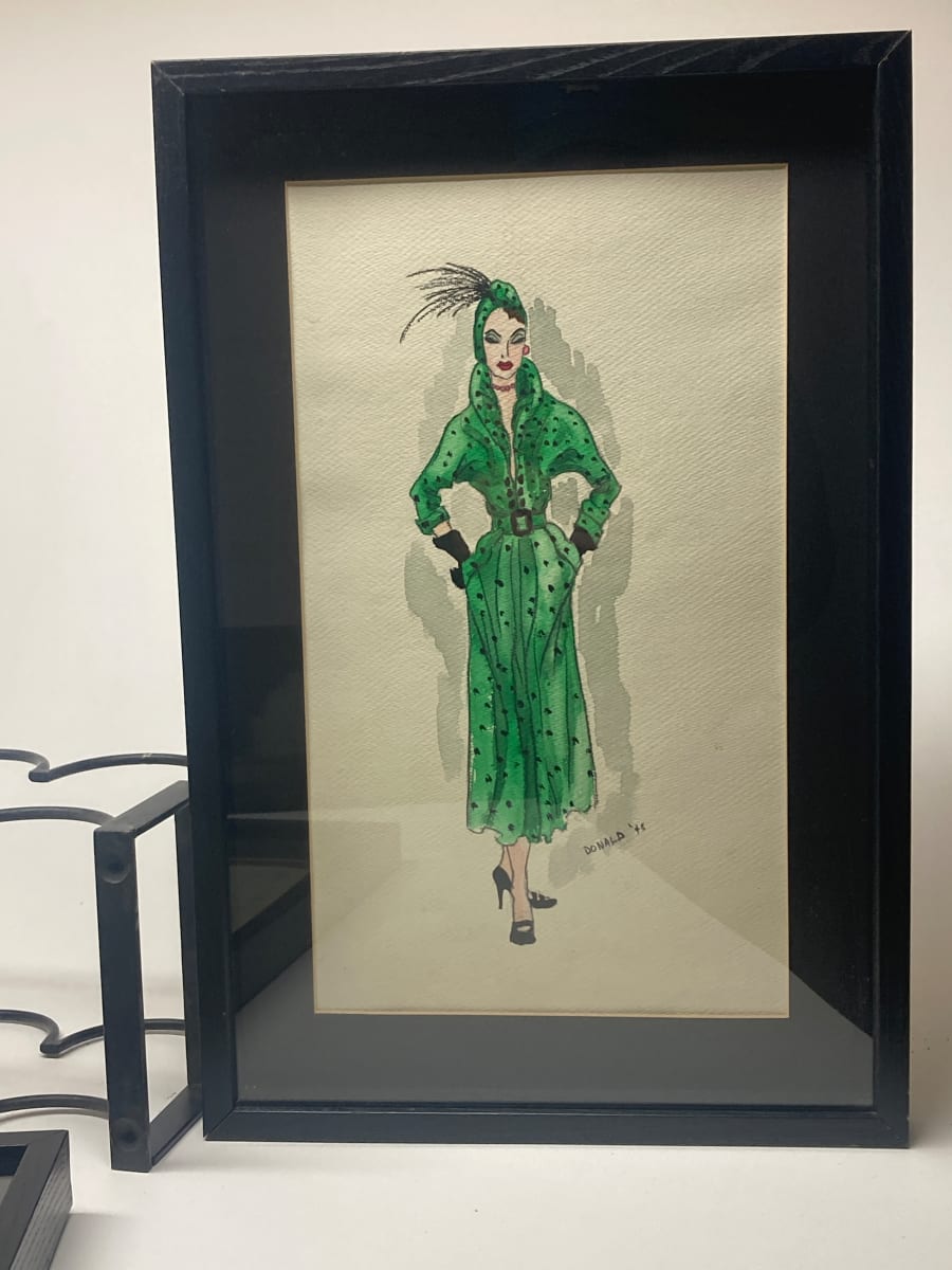 framed 1940's original fashion watercolor with long Green dress 