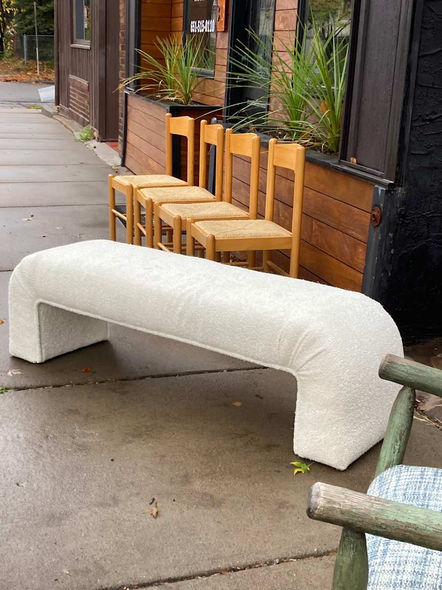 Upholstered post modern 5' long bench, Image 1.