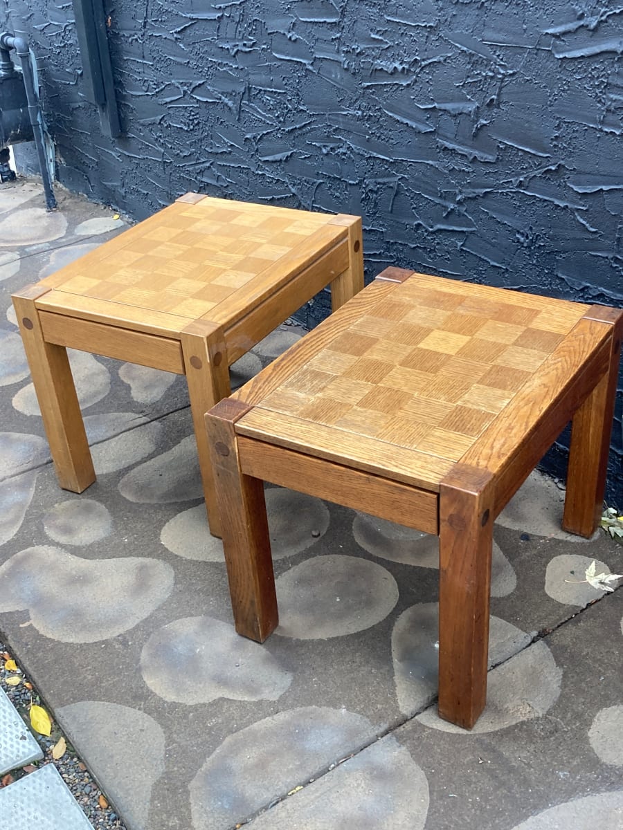 pair ofConant ball parquet top oak side tables 