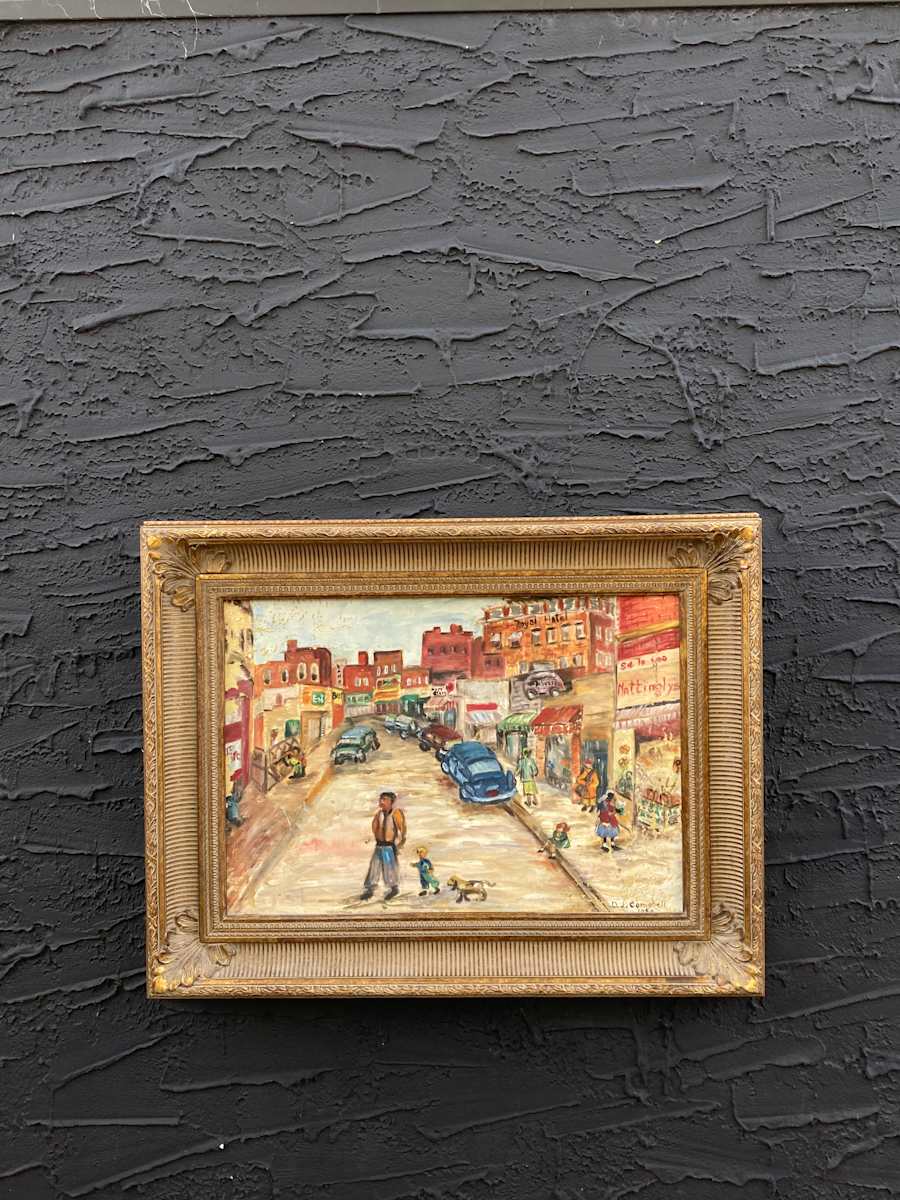 Framed Ashcan oil painting on board of a street scene 