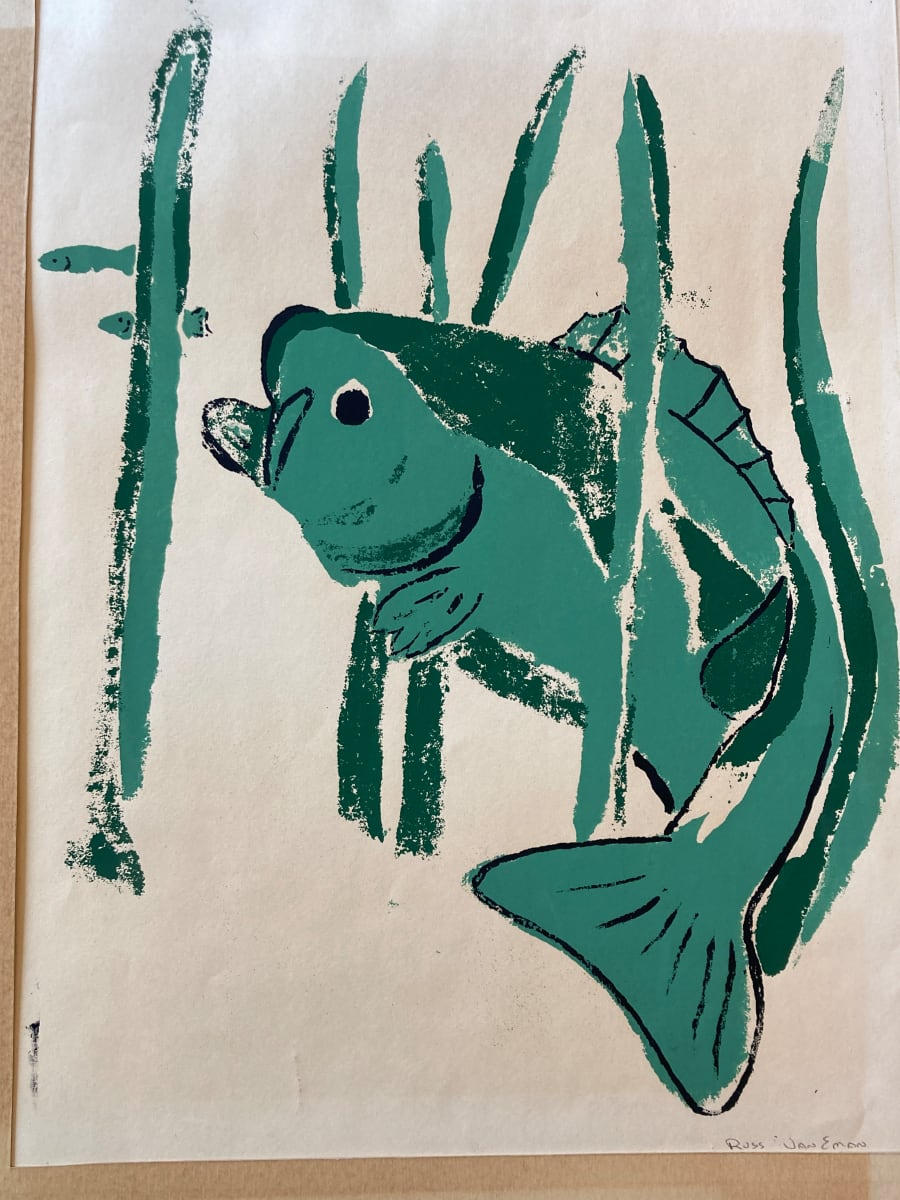 Green fish woodblock by Russell Van Eman 