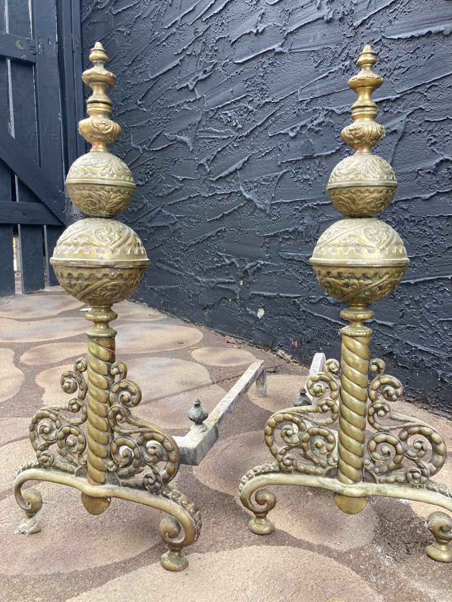 Ornate brass fireplace andirons 