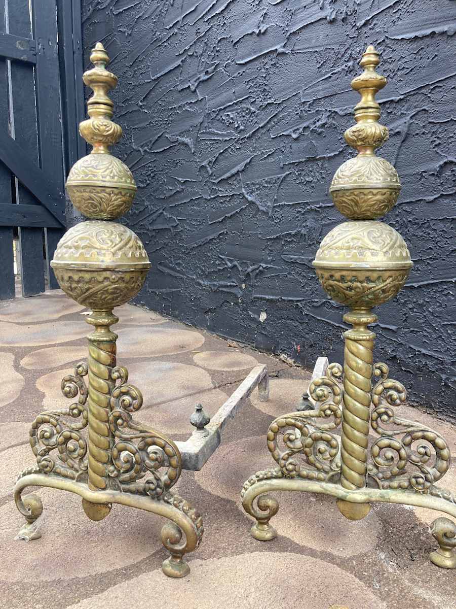 Ornate brass fireplace andirons, Image 8.