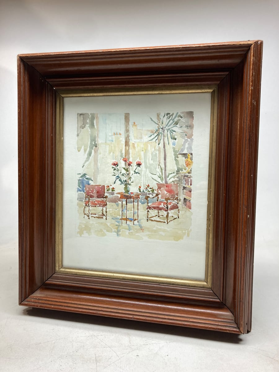 original watercolor of French interior 