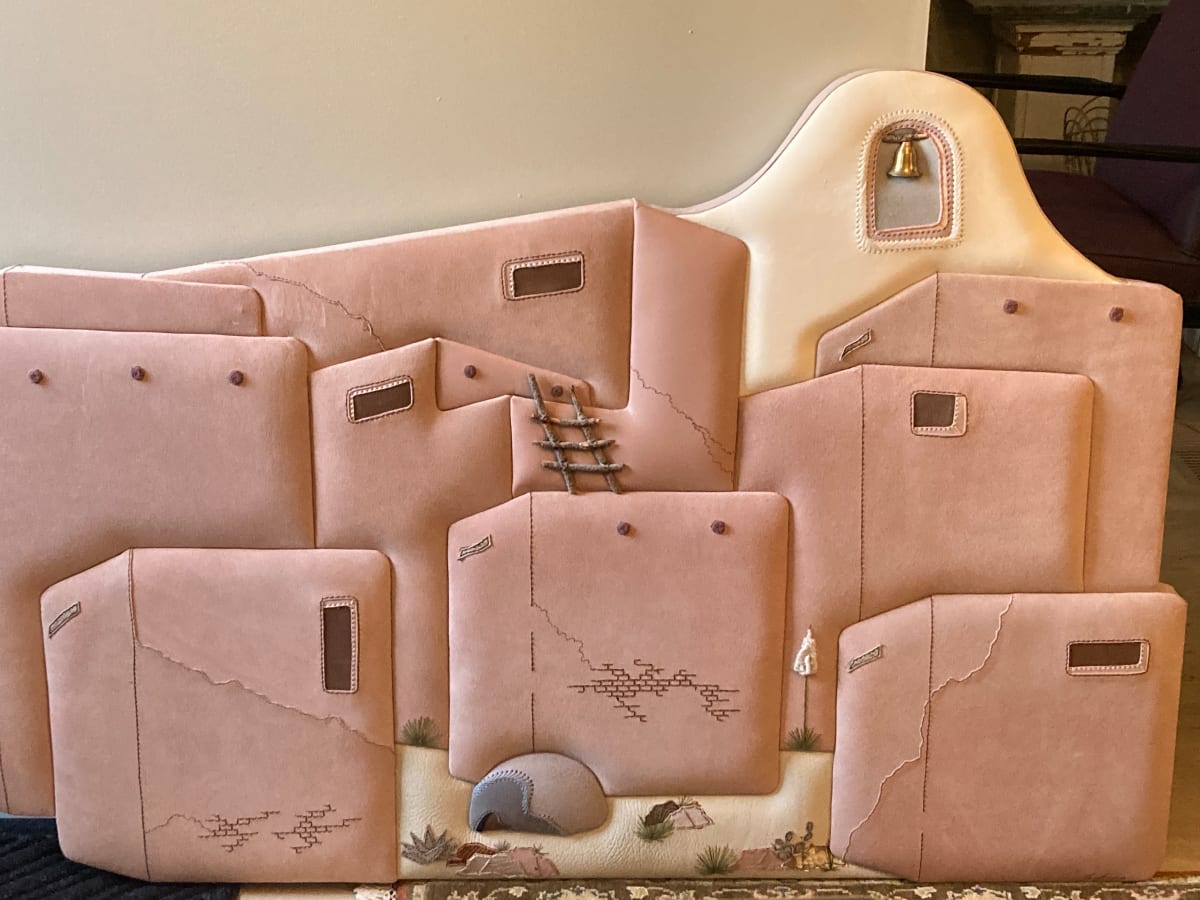 Post modern padded suede leather mesa wall sculpture, Image 1.
