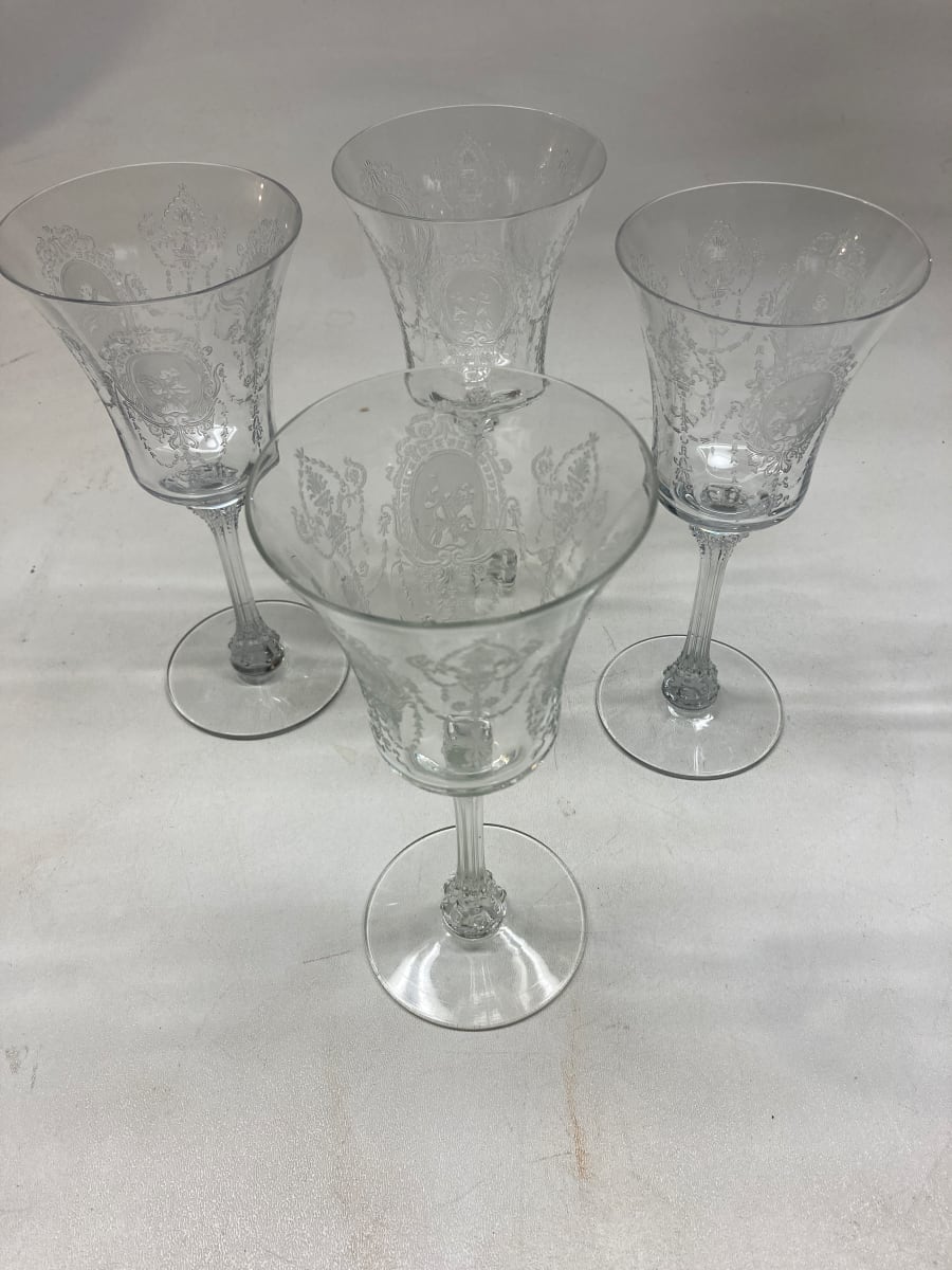 4 etched wine "minuet" glasses by Heisey 
