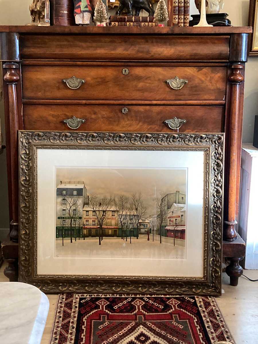 French winter engraving street scene 