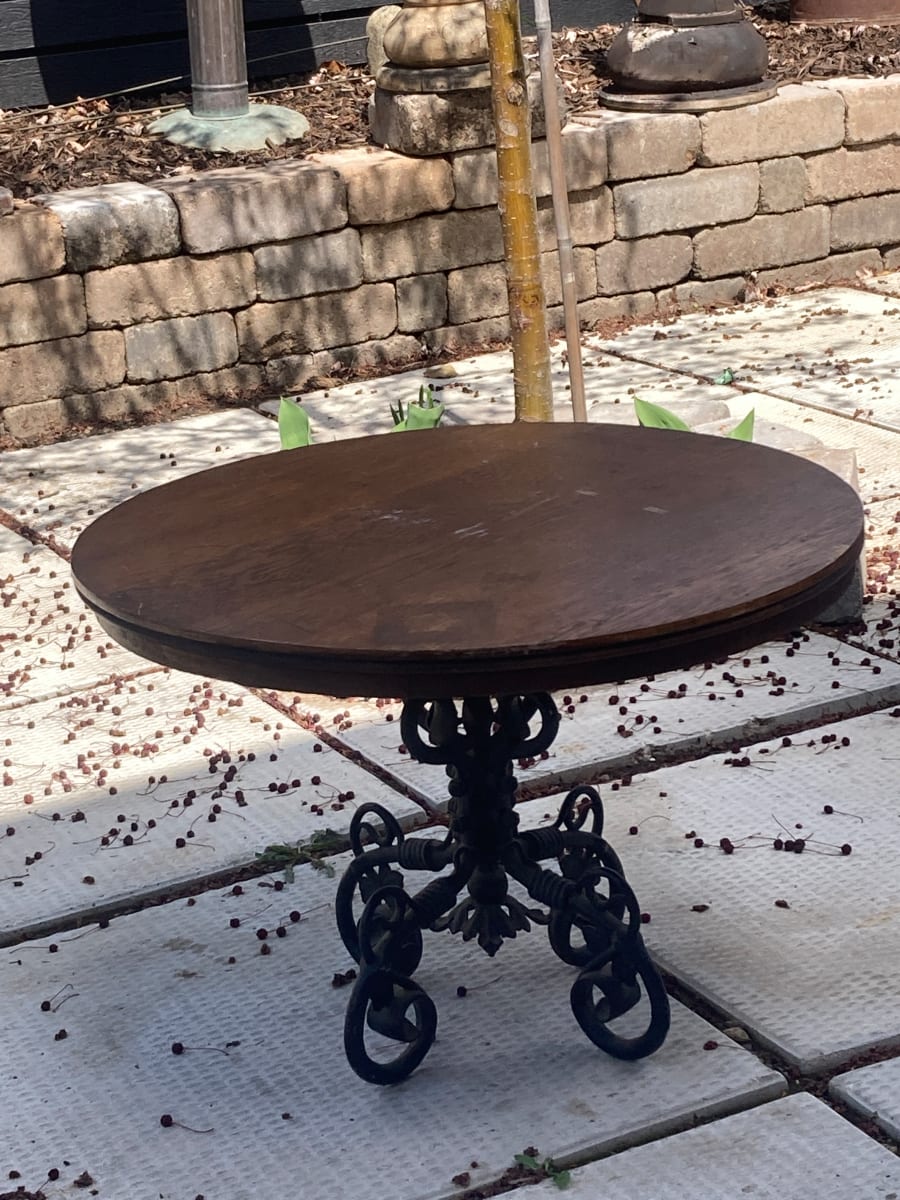 wrought iron low oak top table 