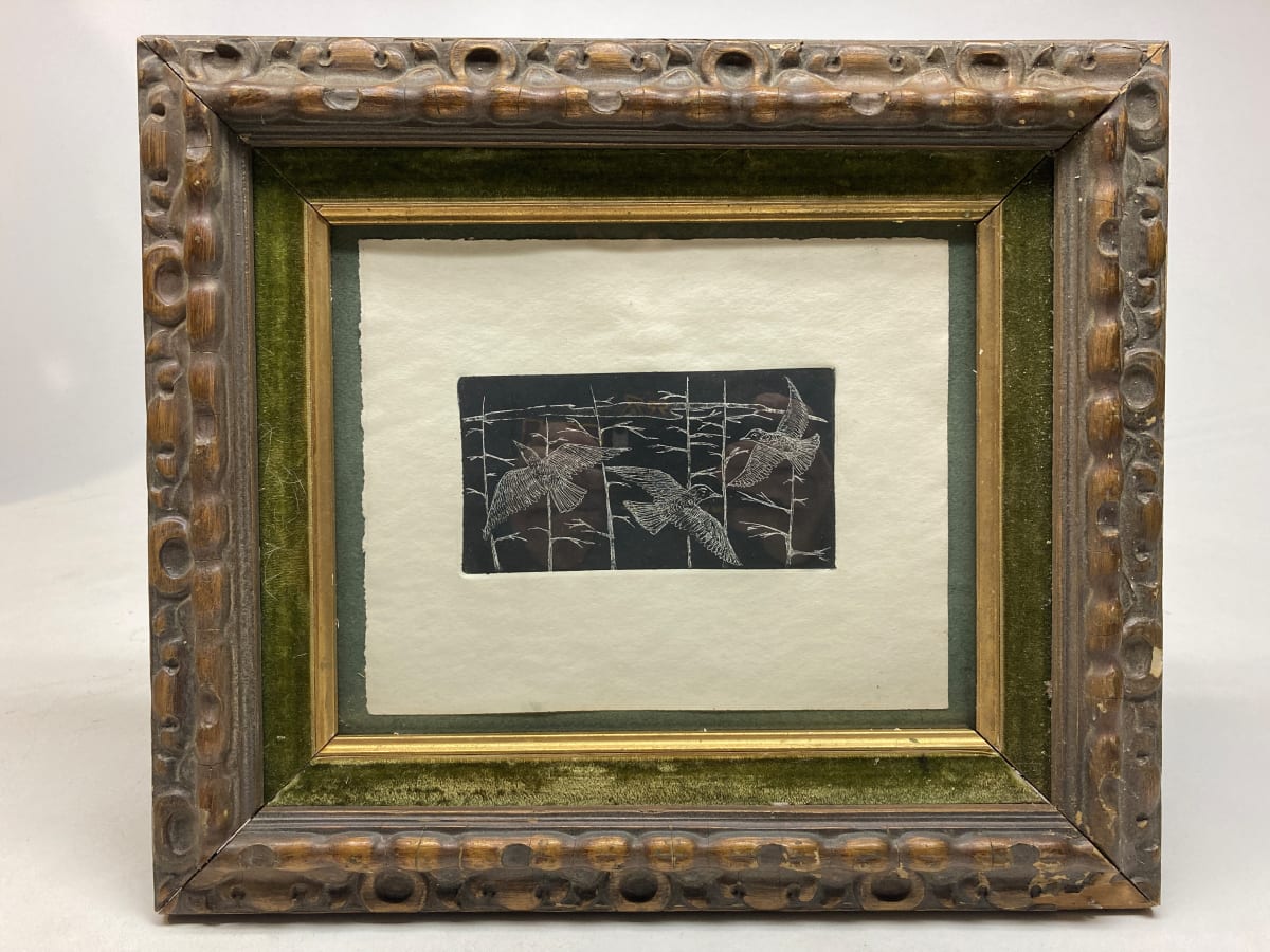 Framed original etching of birds 