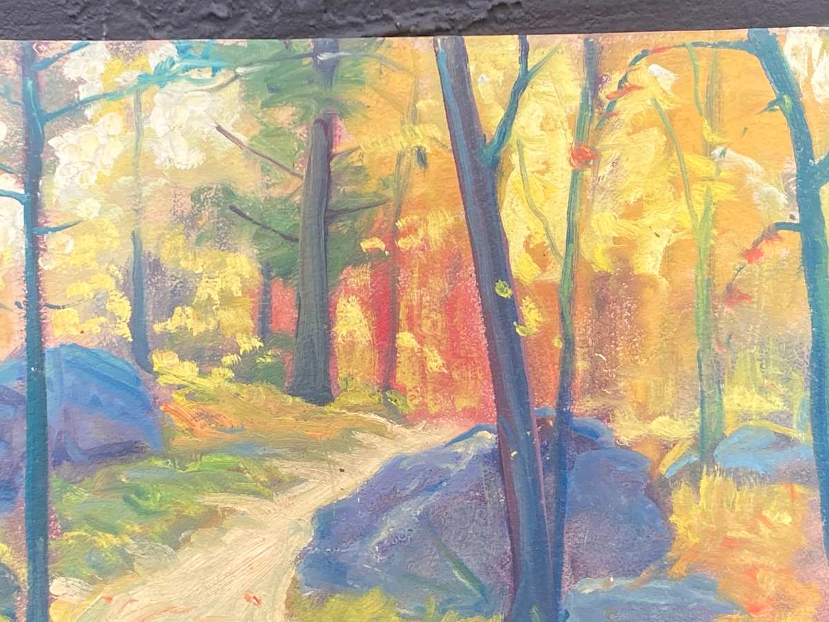 Carl G.T. Olson original painting on board fall scene with boulders and path #10 