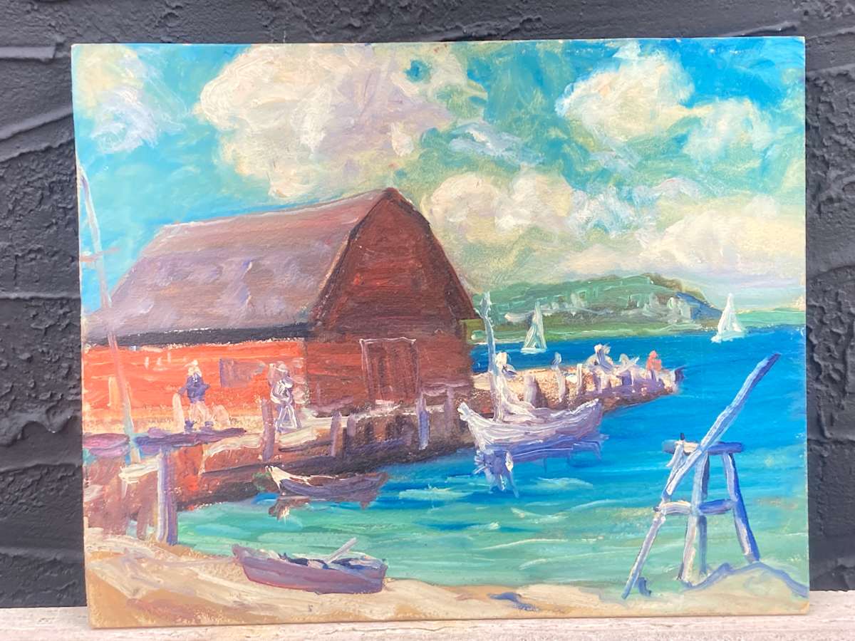 Carl G.T. Olson original painting on board harbor scene with red building and sailboats #11 