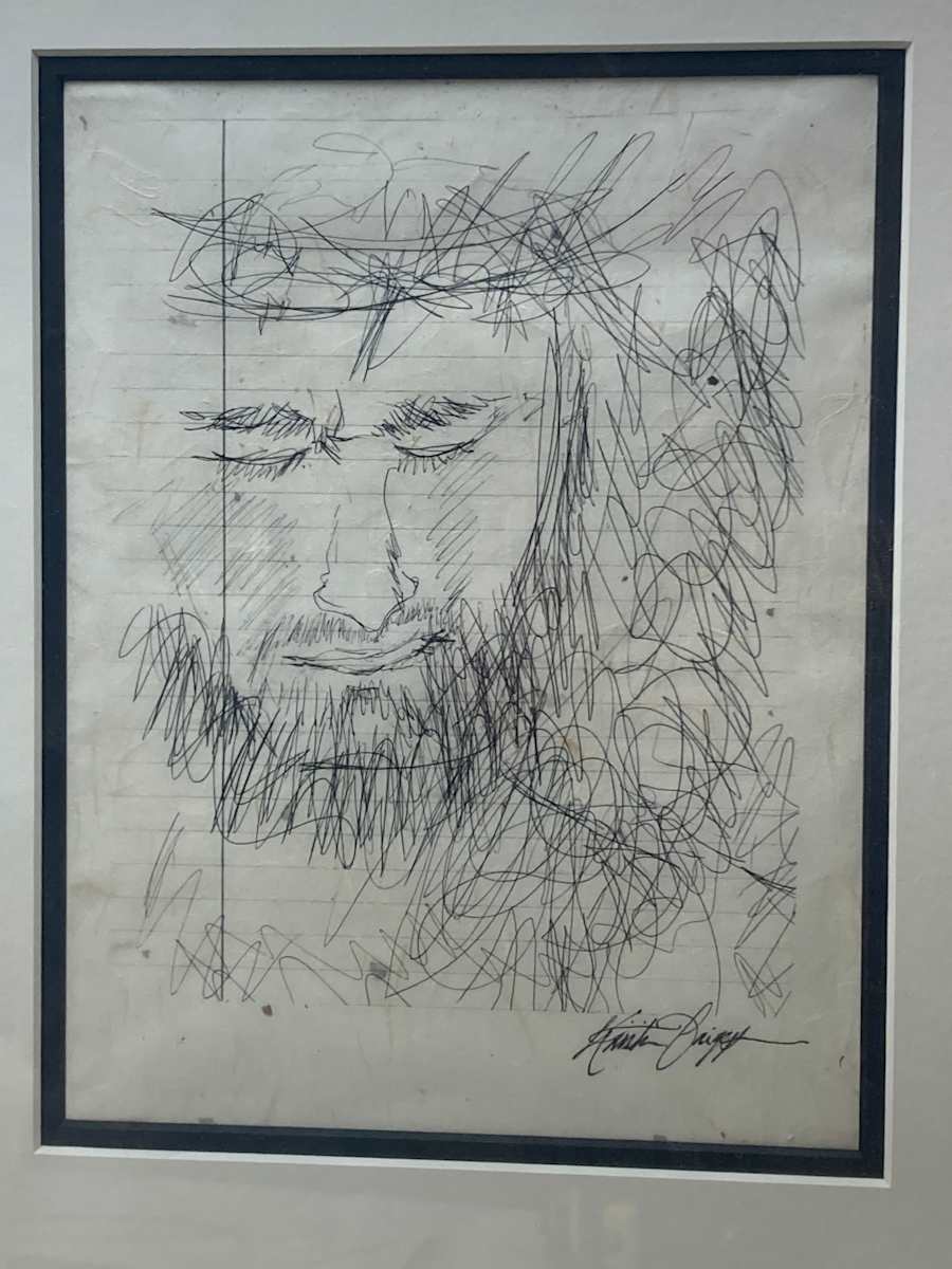 Framed ink drawing of Christ portrait 