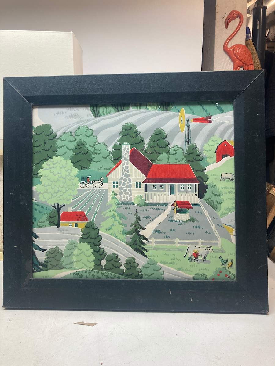 Framed Wallpaper of red roof farm scene 