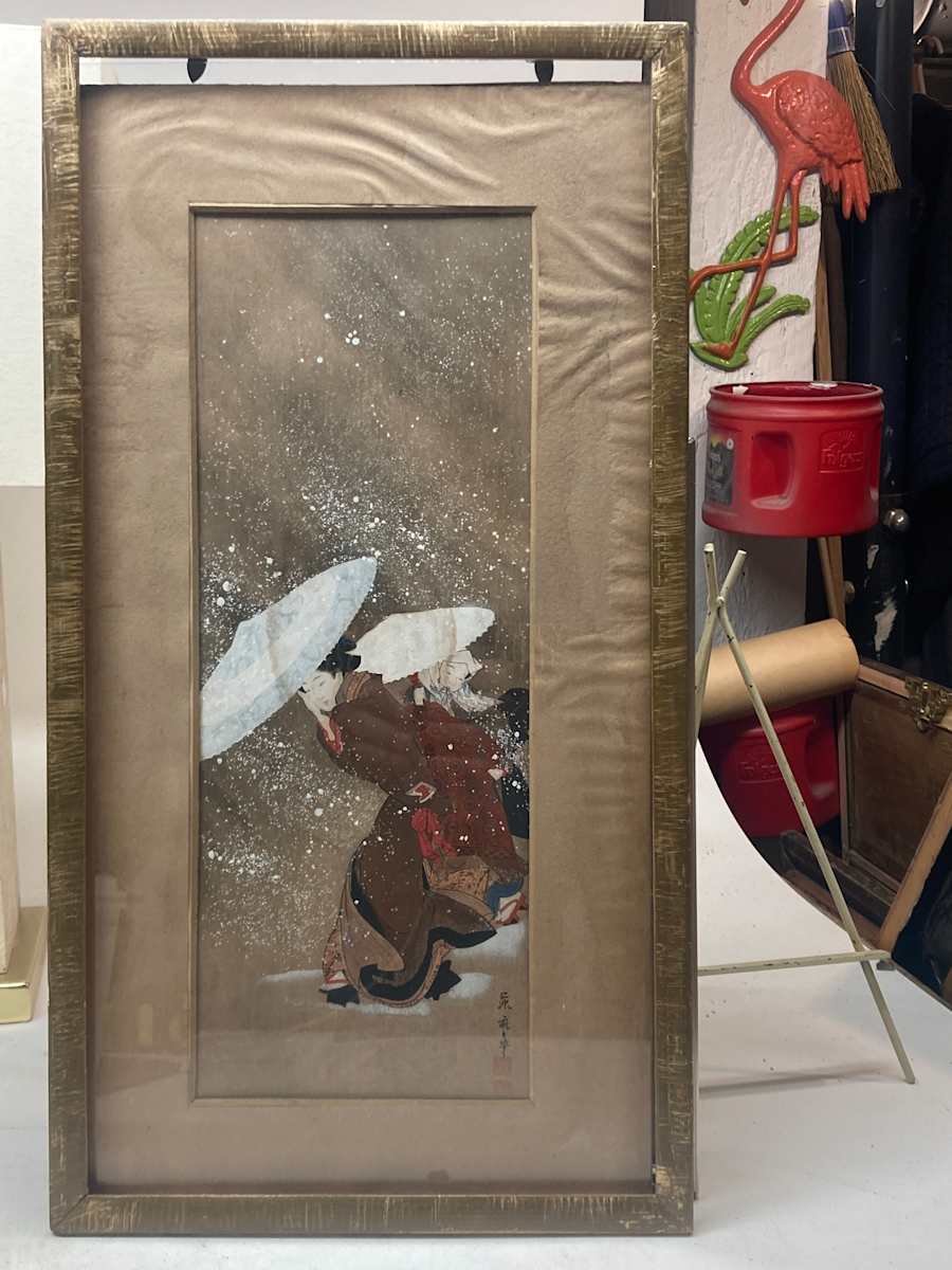 Japanese woodblock with umbrellas 