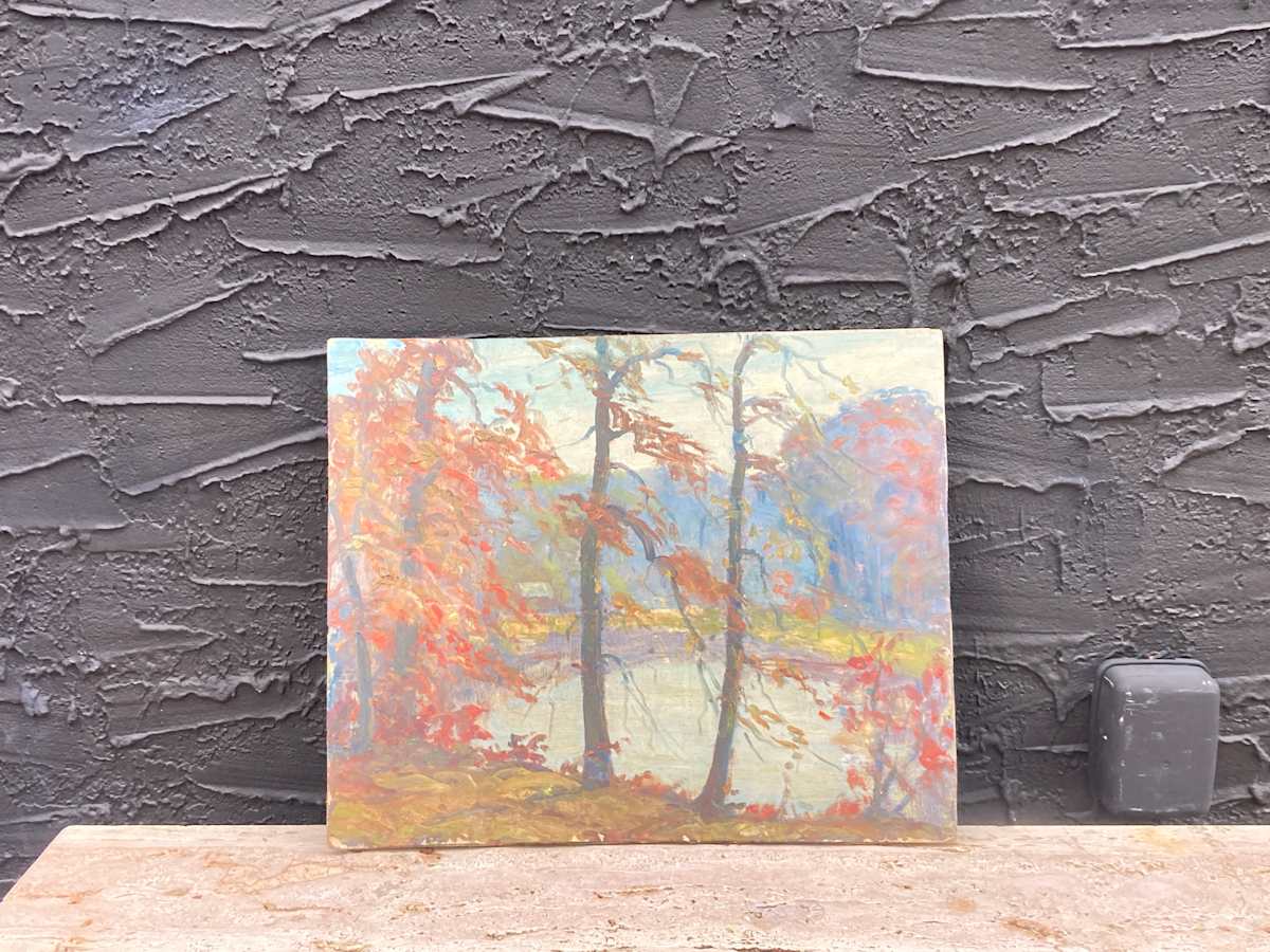 Carl G.T. Olson original painting on board fall scene on lake  #20 