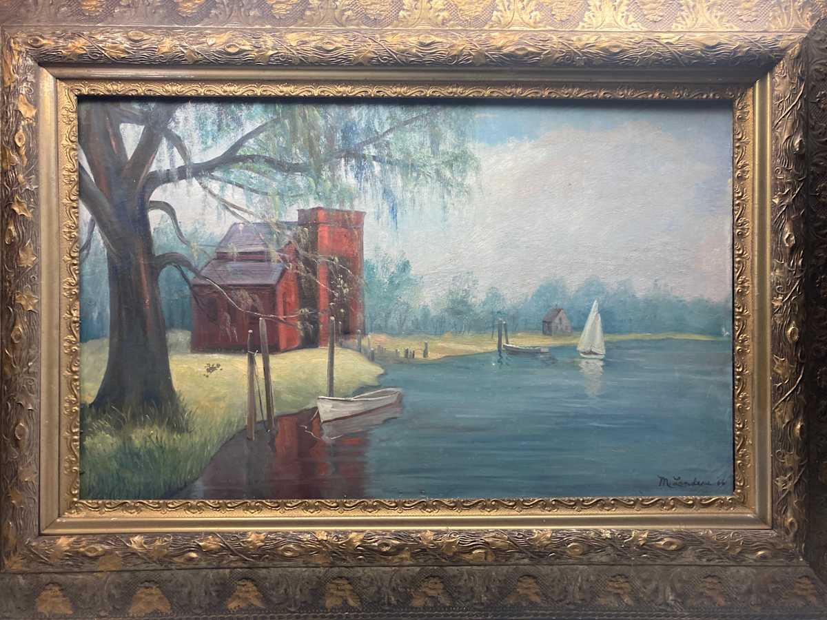 Original oil painting on canvas of red building and sailboat 