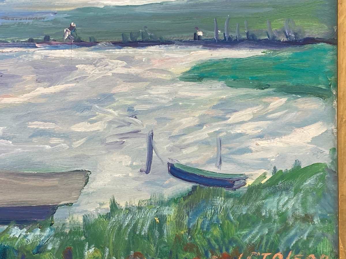 Carl G. T. Olson original painting on board water scene with boat  #36 