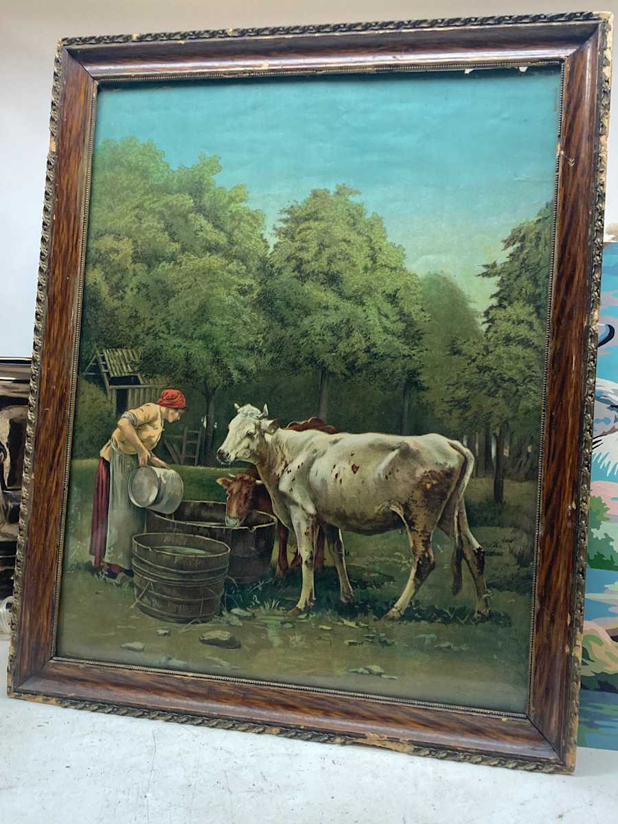 Cow lithograph with maiden 