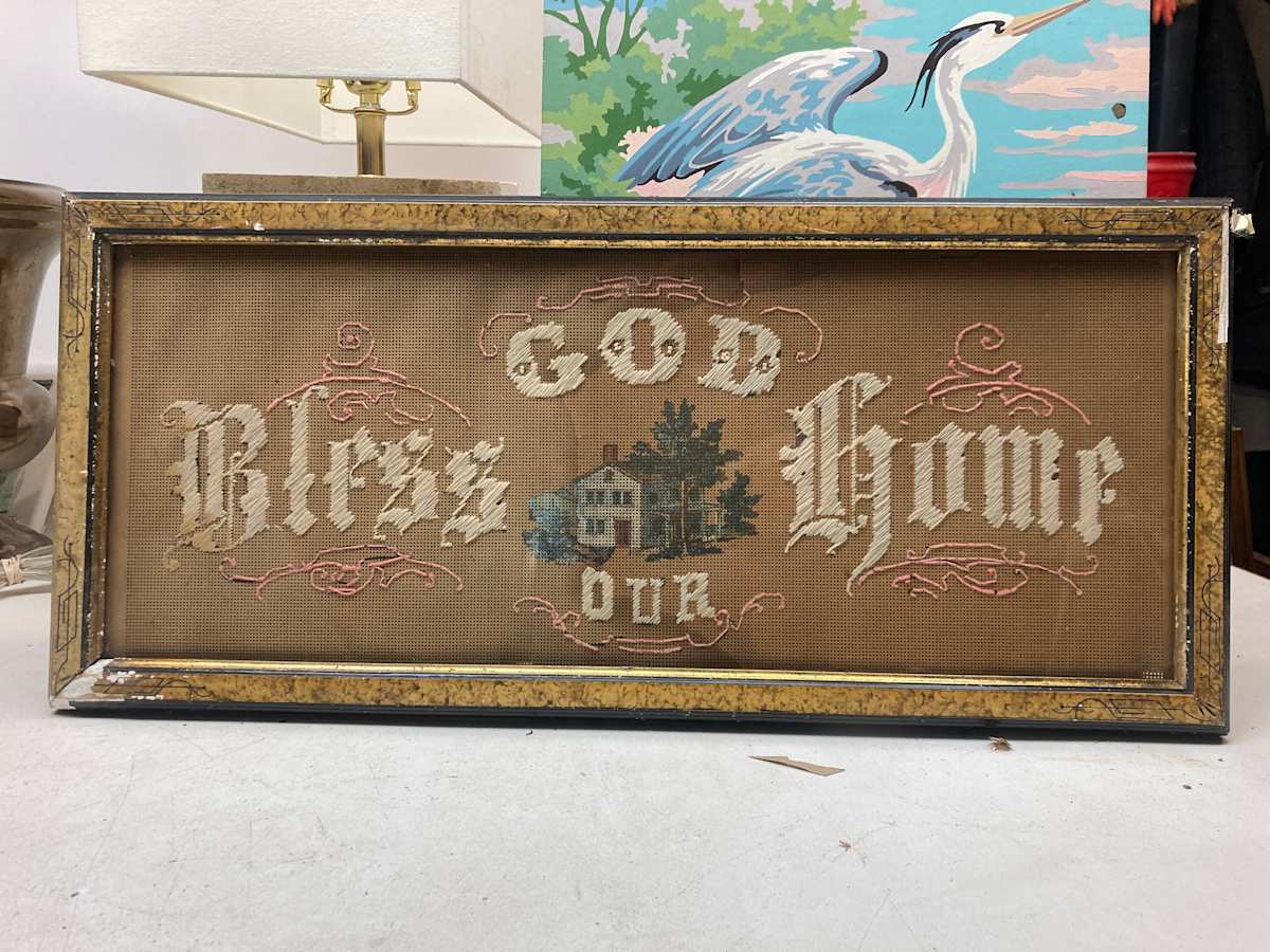 Framed cross stitch God Bless Our Home 