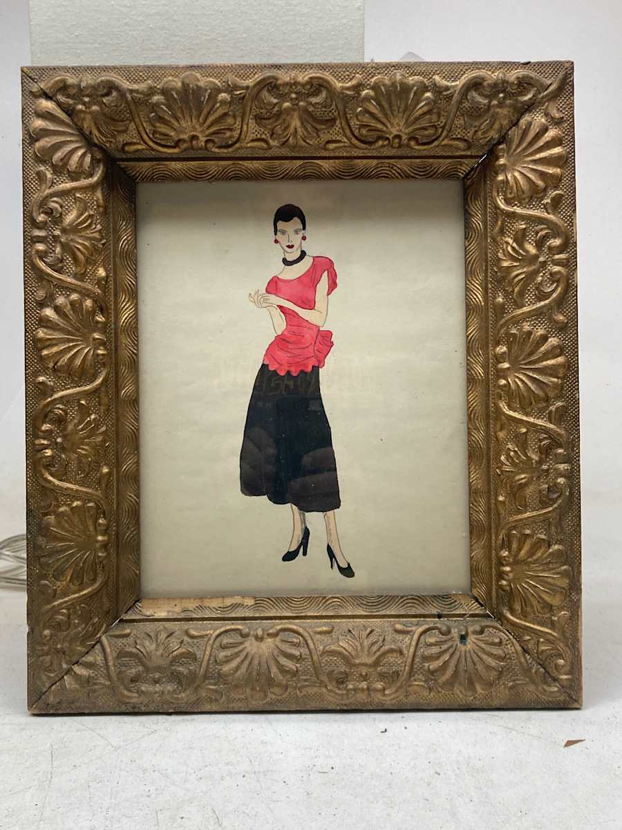 Framed1940's original fashion watercolor with red top and black skirt 