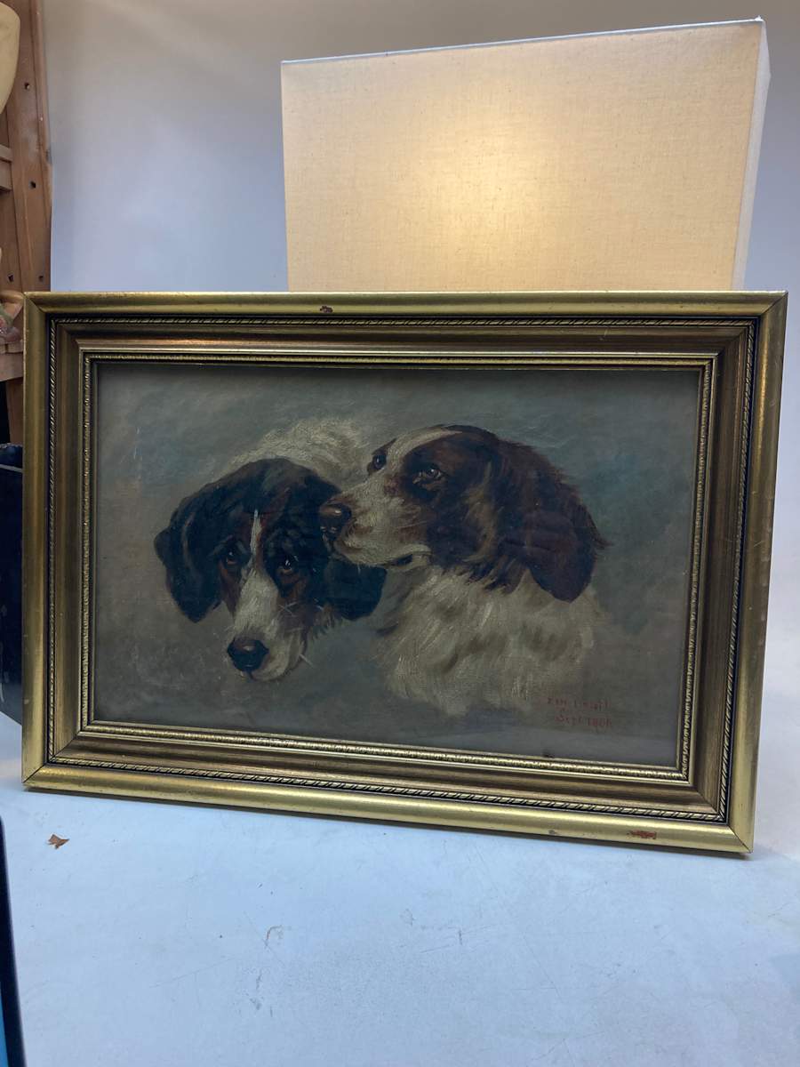 Framed original painting of dogs on board ~ Edward Barnard Lintott 