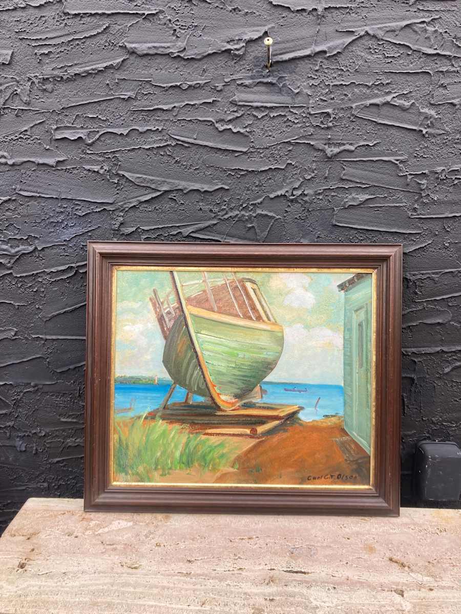 Carl G. T. Olson original painting on board green boat #48 