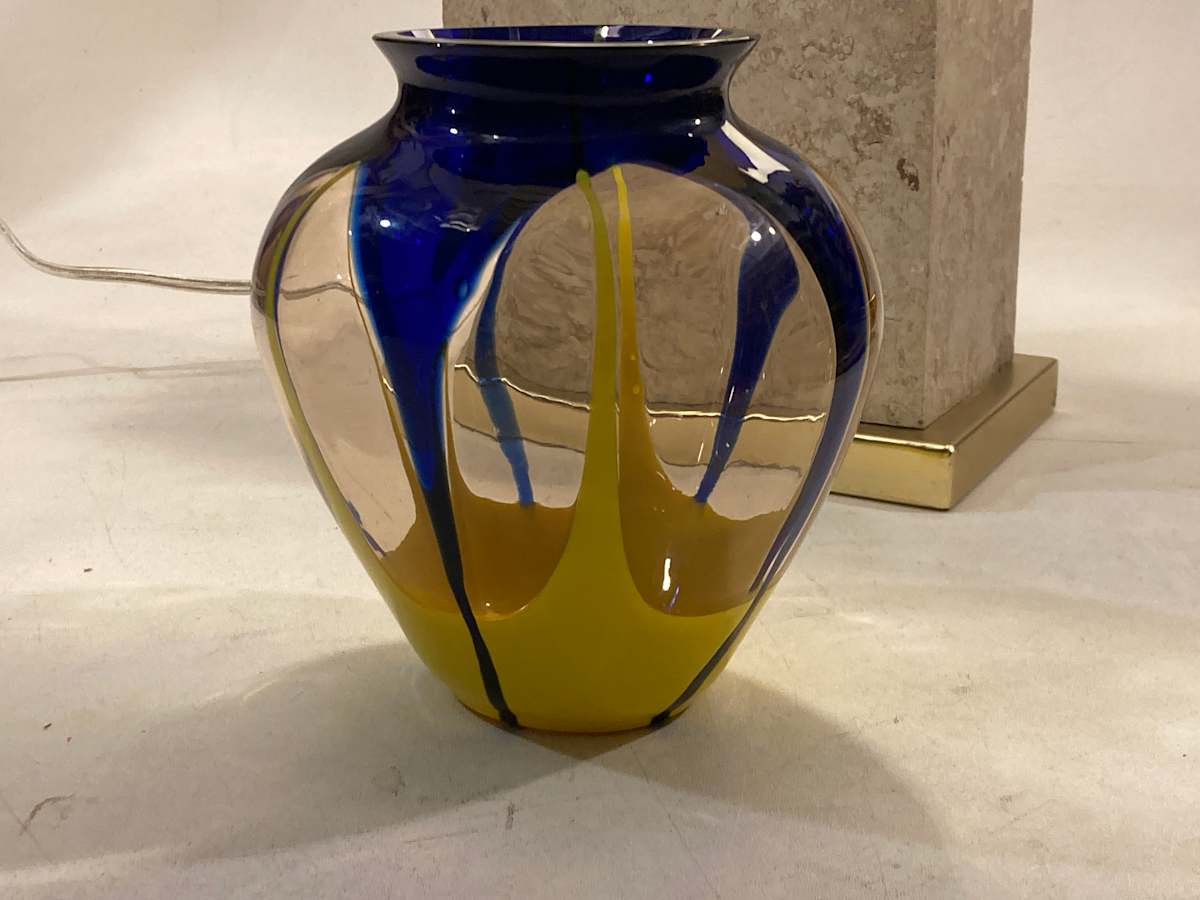 Czechoslovakian art glass Yellow and Blue vase 