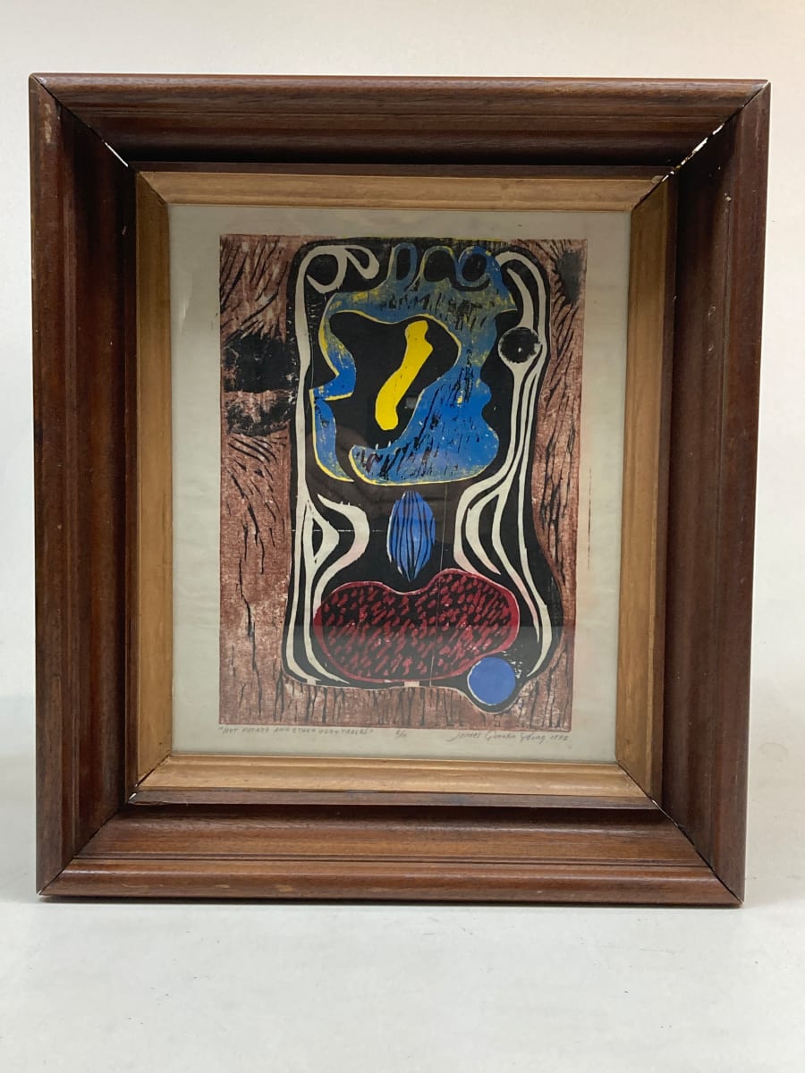 Framed "Hot Potato" hand colored woodblock by James Quentin Young 