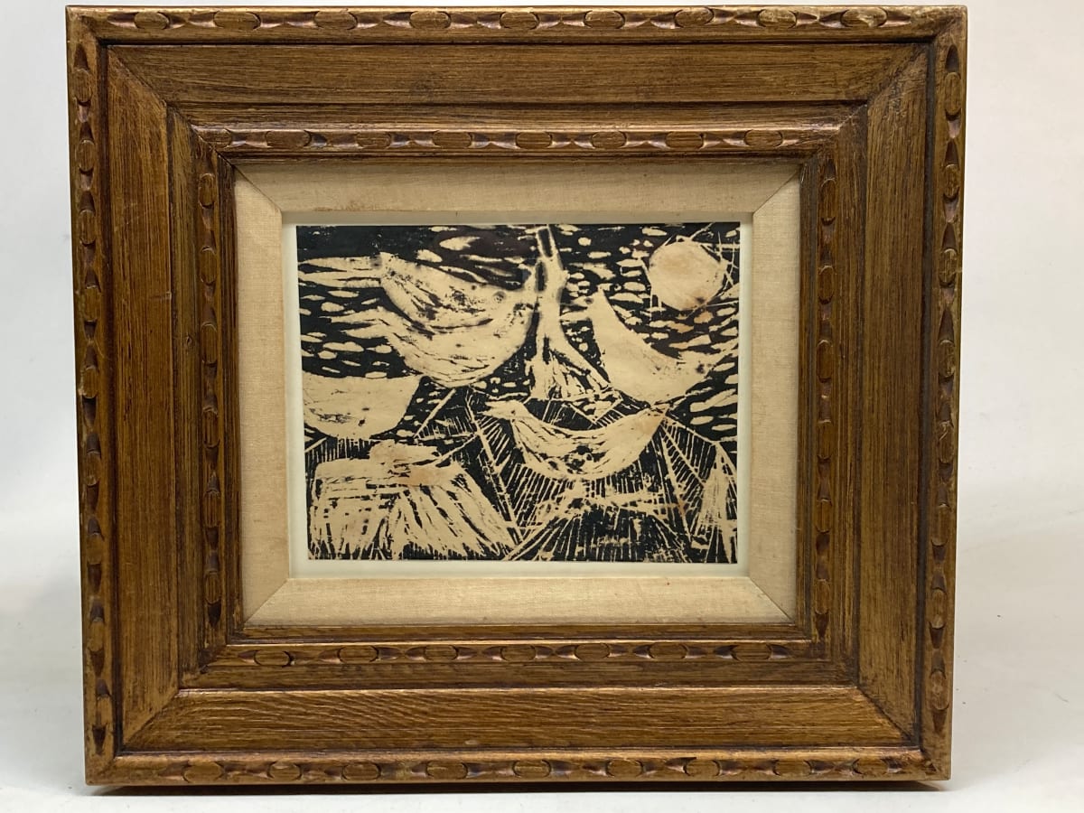 framed James Quentin Young birds and mountain woodblock 